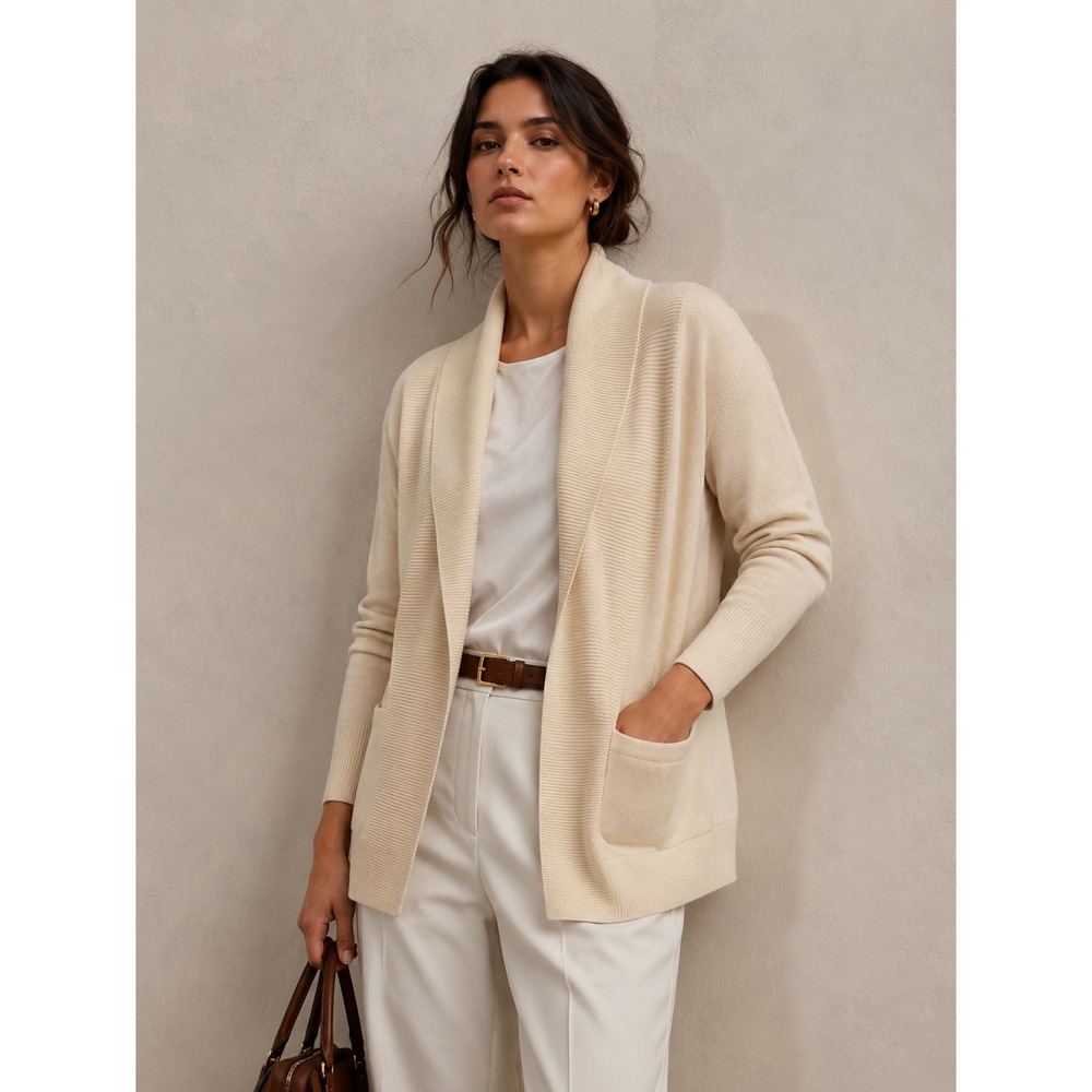 Burberry Cardigan Beige Pockets Double Shawl Collar L Minimalist Quiet Luxury